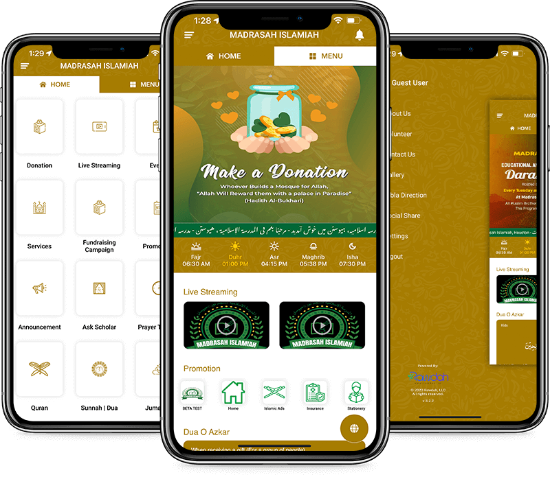 The Madrasah Islamiah mobile app showing prayer times on a smartphone
